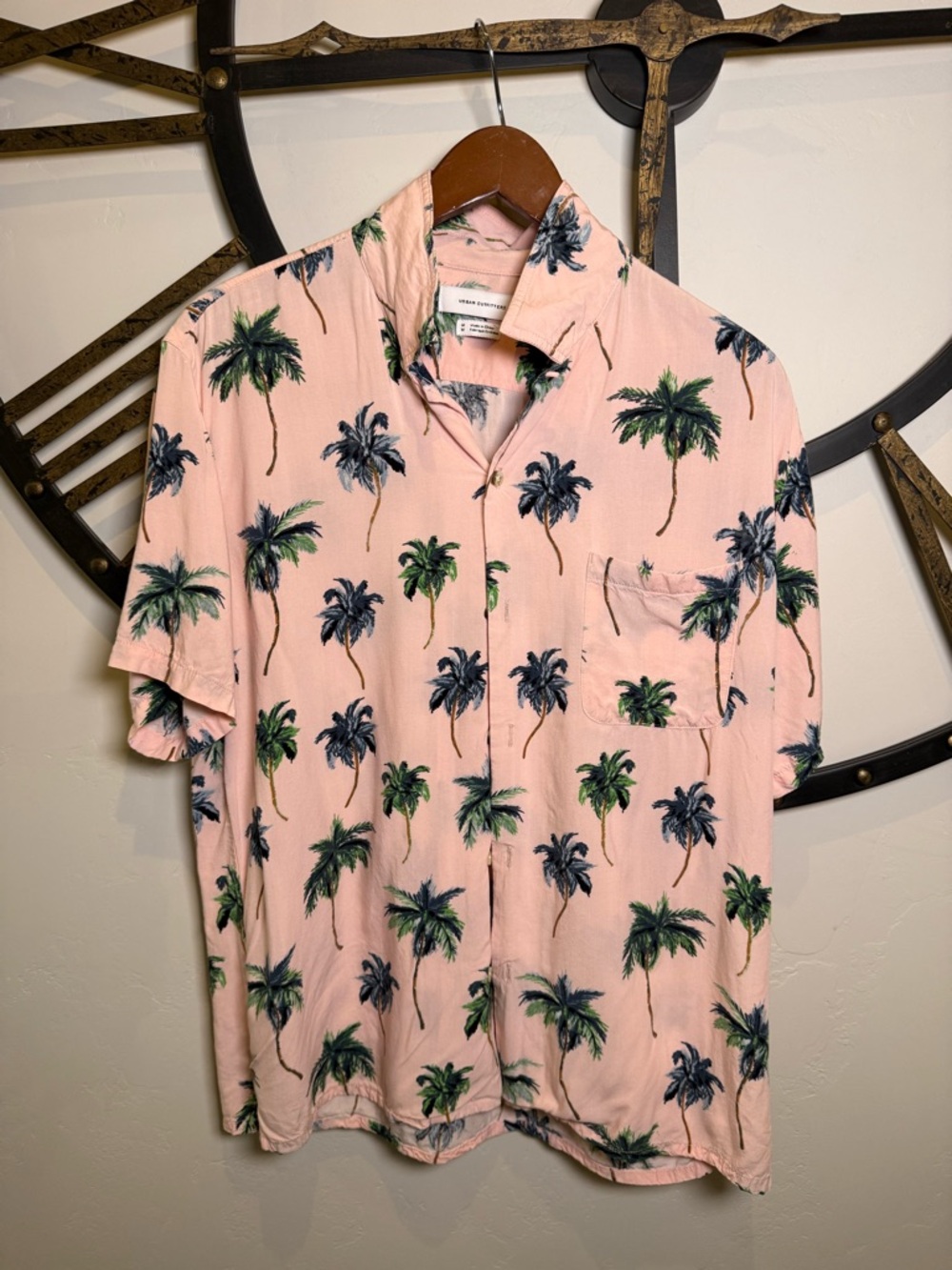 Urban Outfitters Pink Short-Sleeve Palm Print Button-Down Shirt